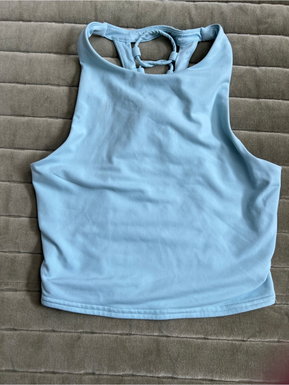 ALO Pilates Top. Soft blue. Medium Cross straps in back. Lined